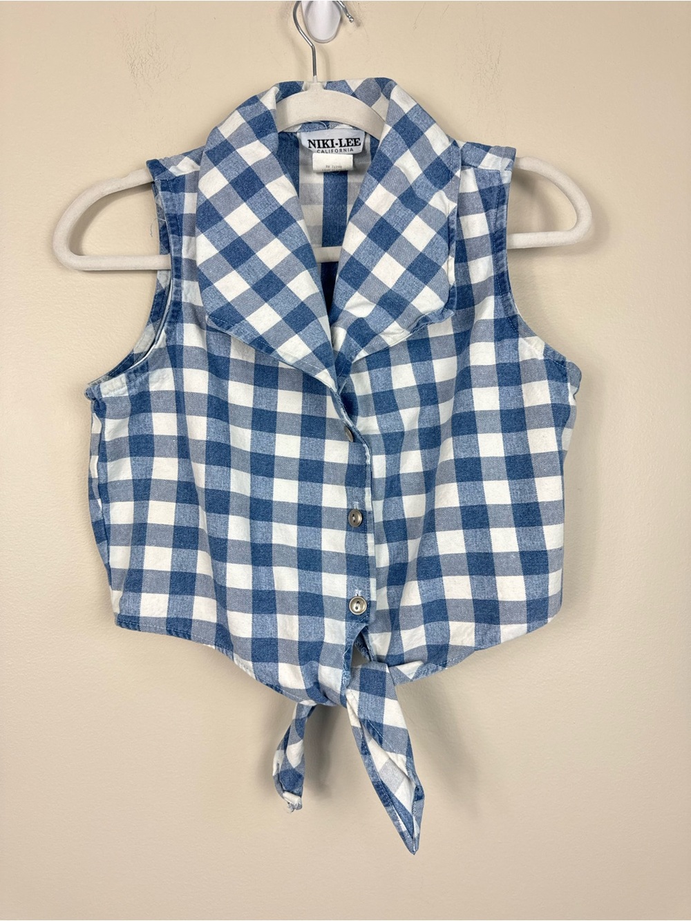 Vintage Gingham Tie Front Top Blue White Cottage Coastal Preppy Picnic Chic